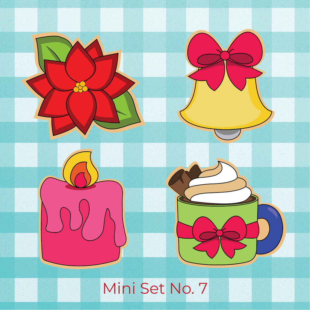 Sugartess Christmas Holiday Mini Cookie Cutter Set #7 - Perfect for Advent / Countdown Calendars in shape of: poinsettia, bell, candle and cinnamon latte mug.