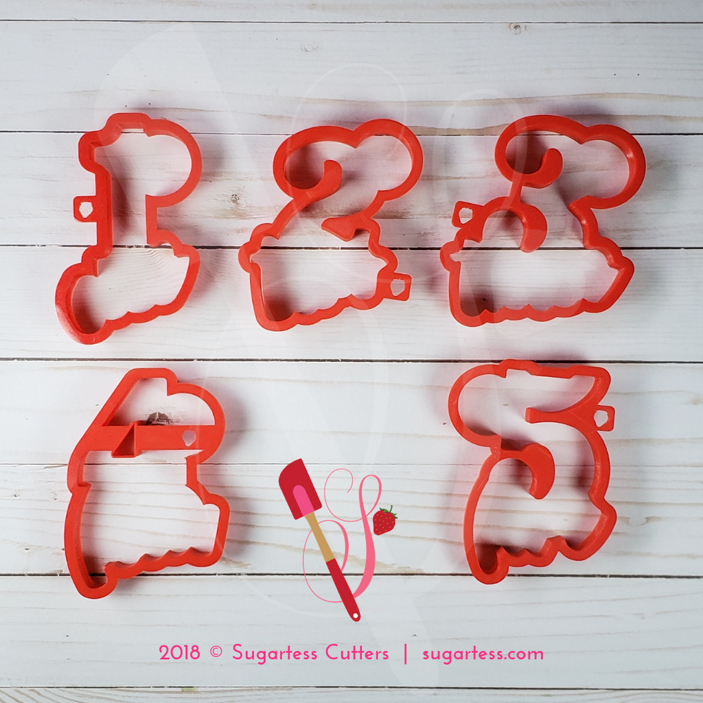 Sugartess cookie cutter in shape of   Convertible Word Numbers 1 to 5 - Half Set. 3D printed from biodegradable  PLA plastic in different sizes ranging from 2 to 6 inches.