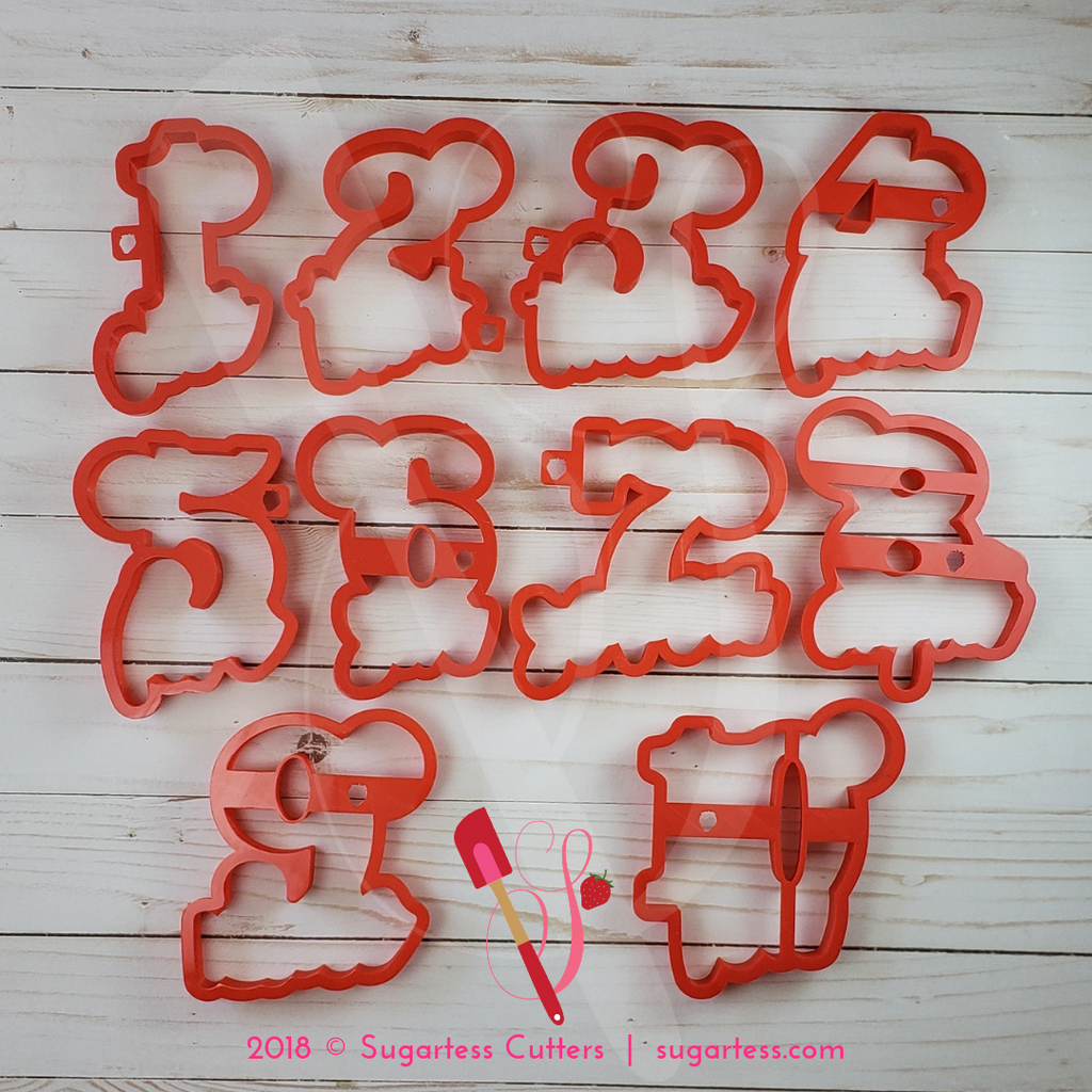 Sugartess cookie cutter in shape of   Convertible Word Numbers 1 to 10 Cookie Cutter - Half Set. 3D printed from biodegradable  PLA plastic in different sizes ranging from 2 to 6 inches.