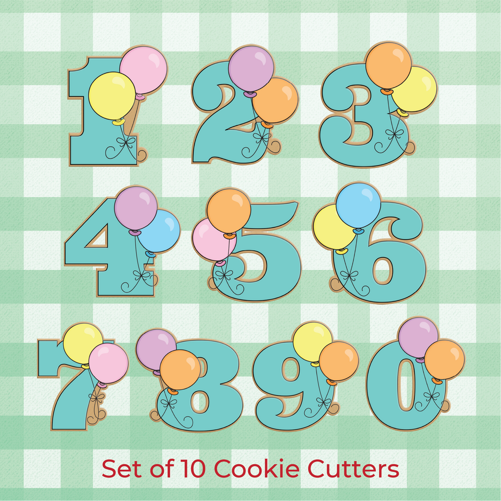 Sugartess set of 10 balloon cookie cutter numbers 0 through 9.