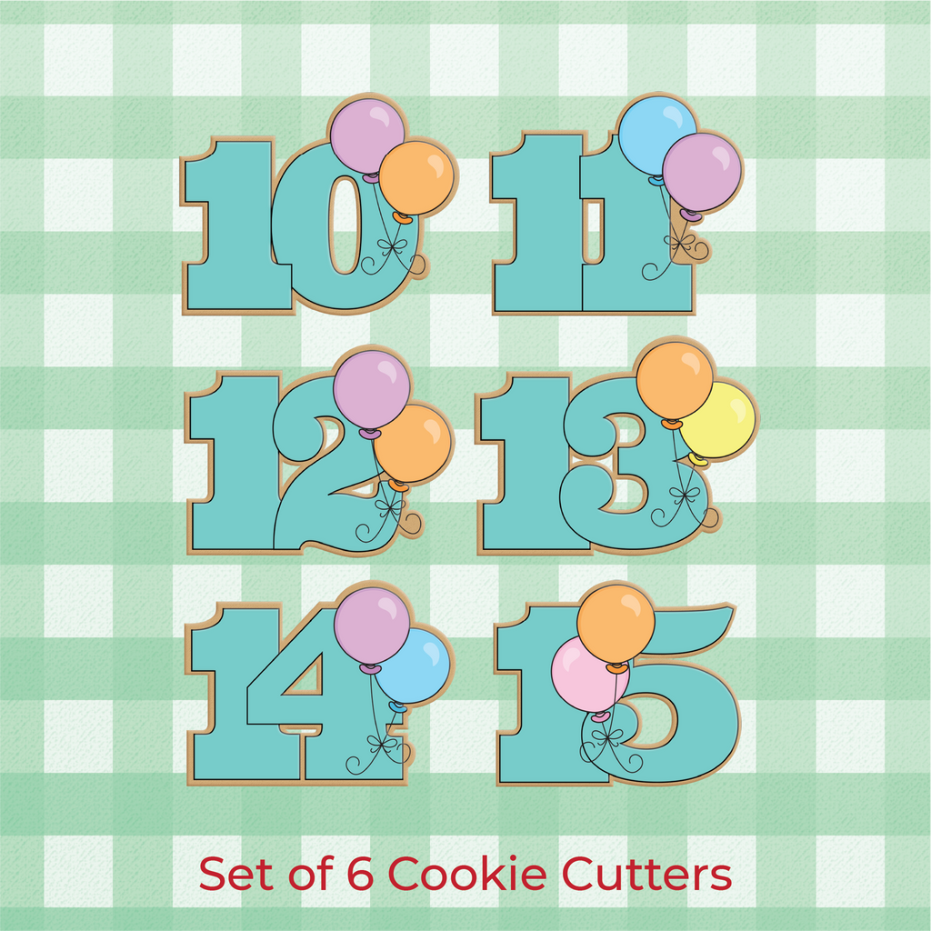 Sugartess set of 6 balloon cookie cutter numbers 10 through 16.
