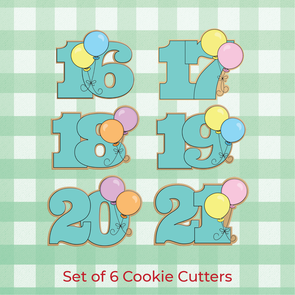 Sugartess set of 6 balloon cookie cutter numbers 16 through 21.