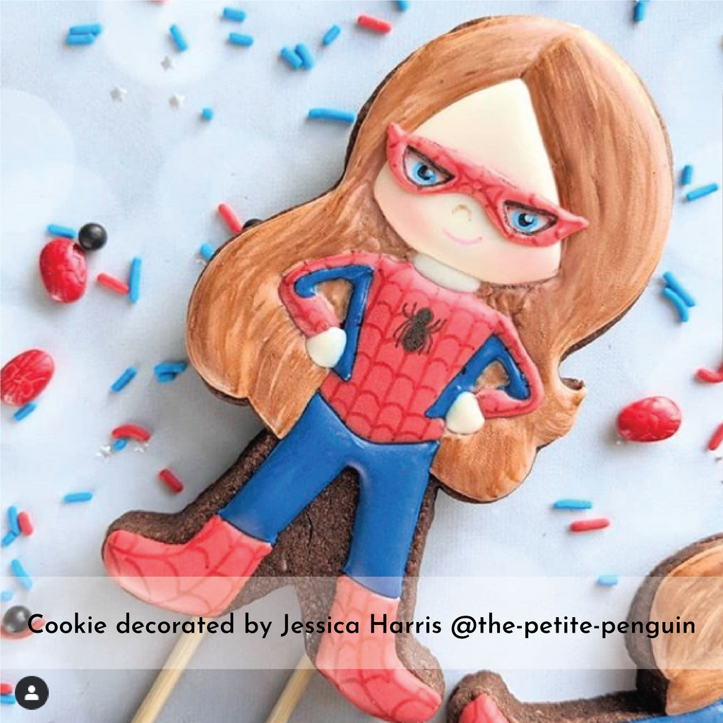Sugartess custom cookie cutter in shape of spider girl woman superhero.