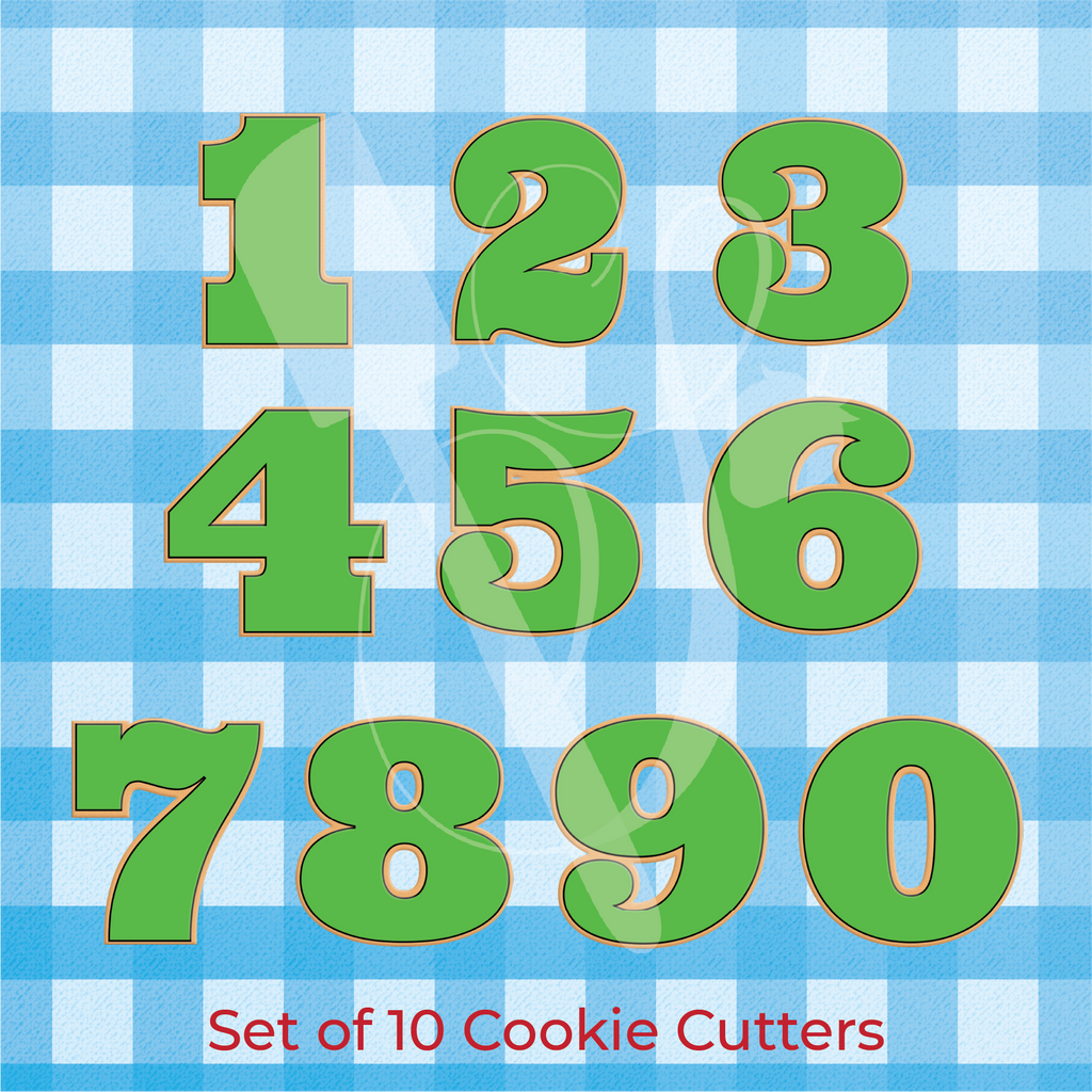Sugartess cookie cutter set of 10 serif block numbers 0 thru 9.