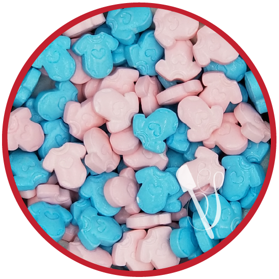Sugartess sprinkles medley in shape of pink and blue baby onesies for baby themed cookies, cakes, cupcakes and other treats.