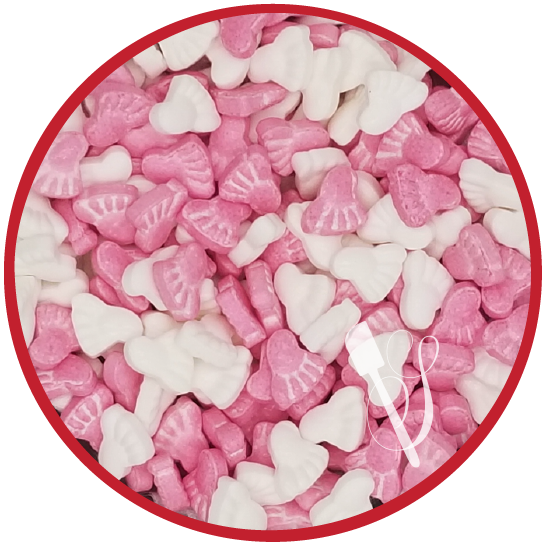 Sugartess sprinkles medley in shape of pink and white baby feet for baby themed cookies, cakes, cupcakes and other treats.