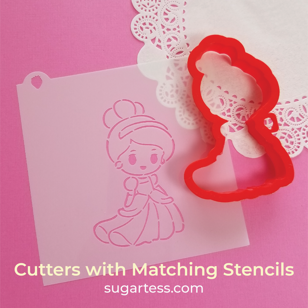 Sugartess picture of PYO / piping guide cookie stencil of chibi Cinderella princess and matching cookie cutter shape.