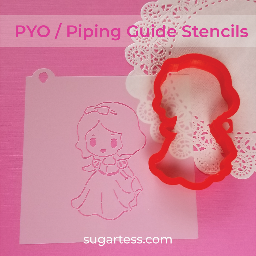 Sugartess picture of PYO / piping guide cookie stencil of chibi Snow White princess and matching cookie cutter shape.