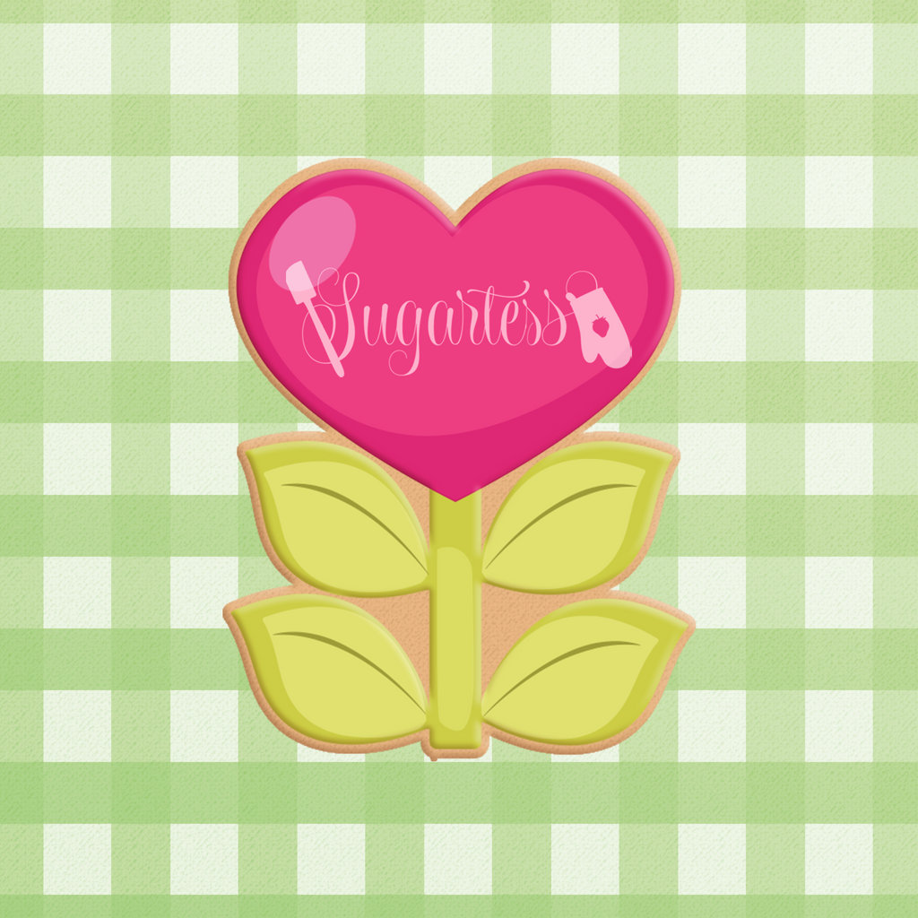Sugartess custom cookie cutter in shape of heart flower with leaves.