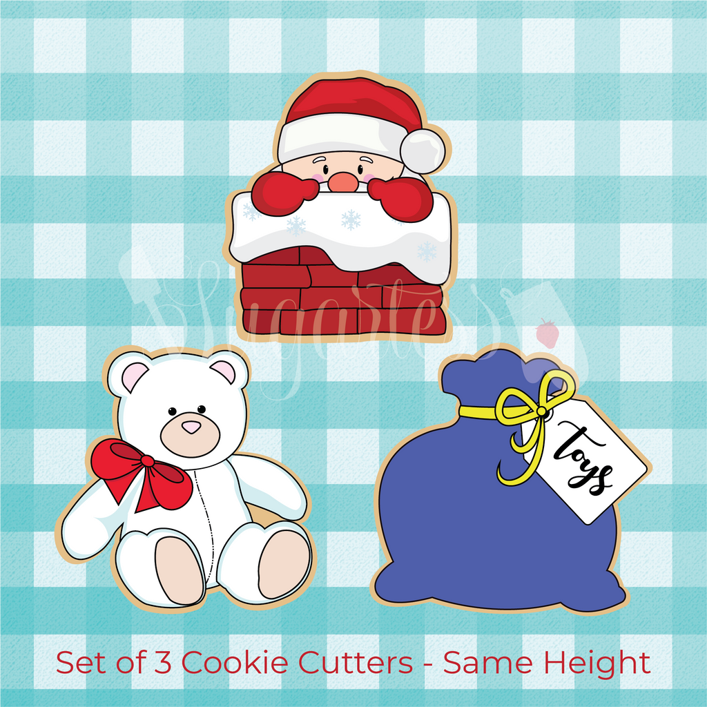 Sugartess Christmas Holiday Cookie Cutter Set of 3 - Santa Down the Chimney, Teddy Bear, and Santa's Toy Bag