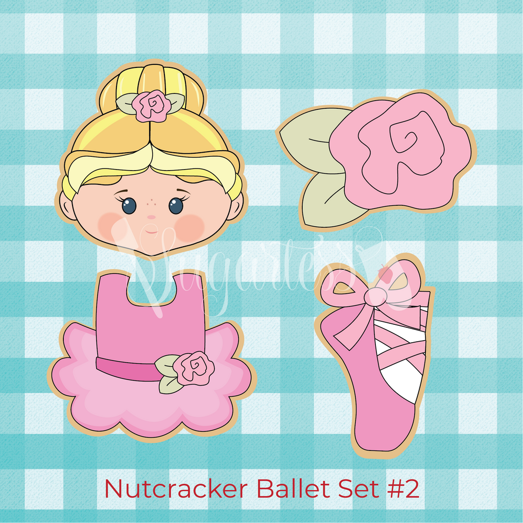 Sugartess cookie cutter set in shape of ballerina head, rosette, tutu, and slipper.