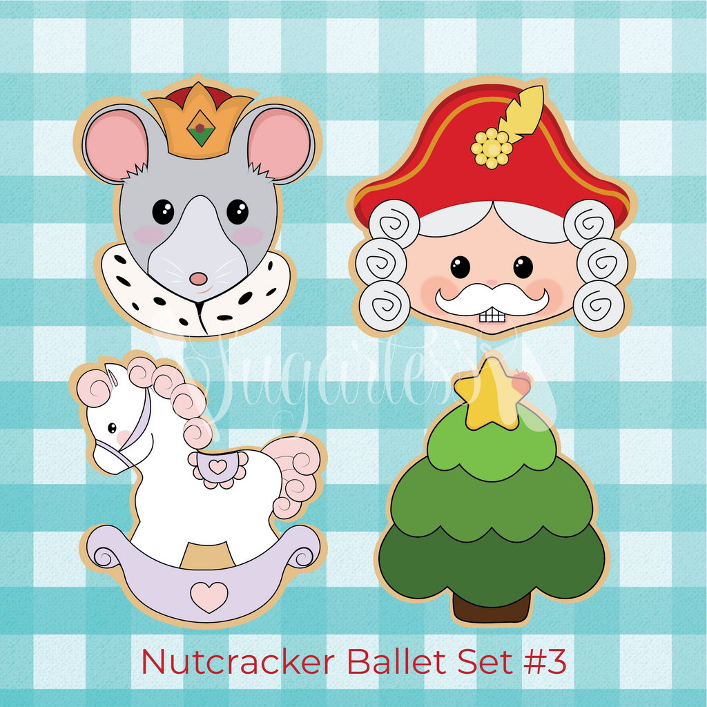 Sugartess Christmas cookie cutter set in shape of Nutcracker ballet rocking horse, tree, Mouse King and Soldier heads.