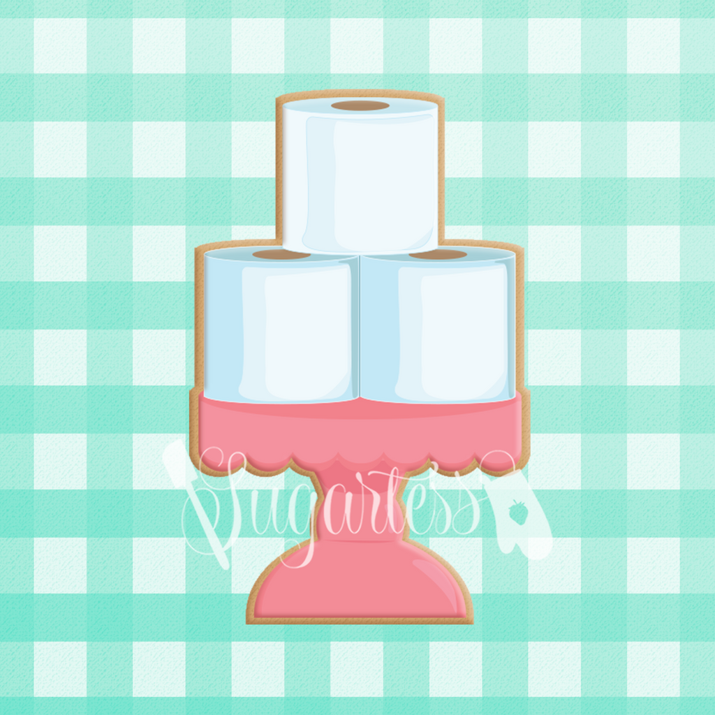 Sugartess custom cookie cutter in shape of Toilet Paper 2-tier Cake on Stand.