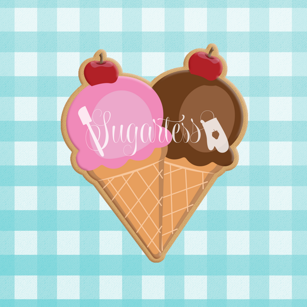 Sugartess custom cookie cutter in shape of two ice cream cones.