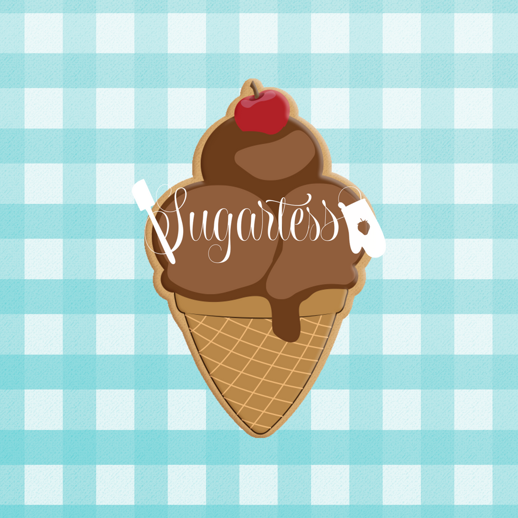 Sugartess custom cookie cutter in shape of chubby 3-scoop ice cream waffle cone with cherry on top.