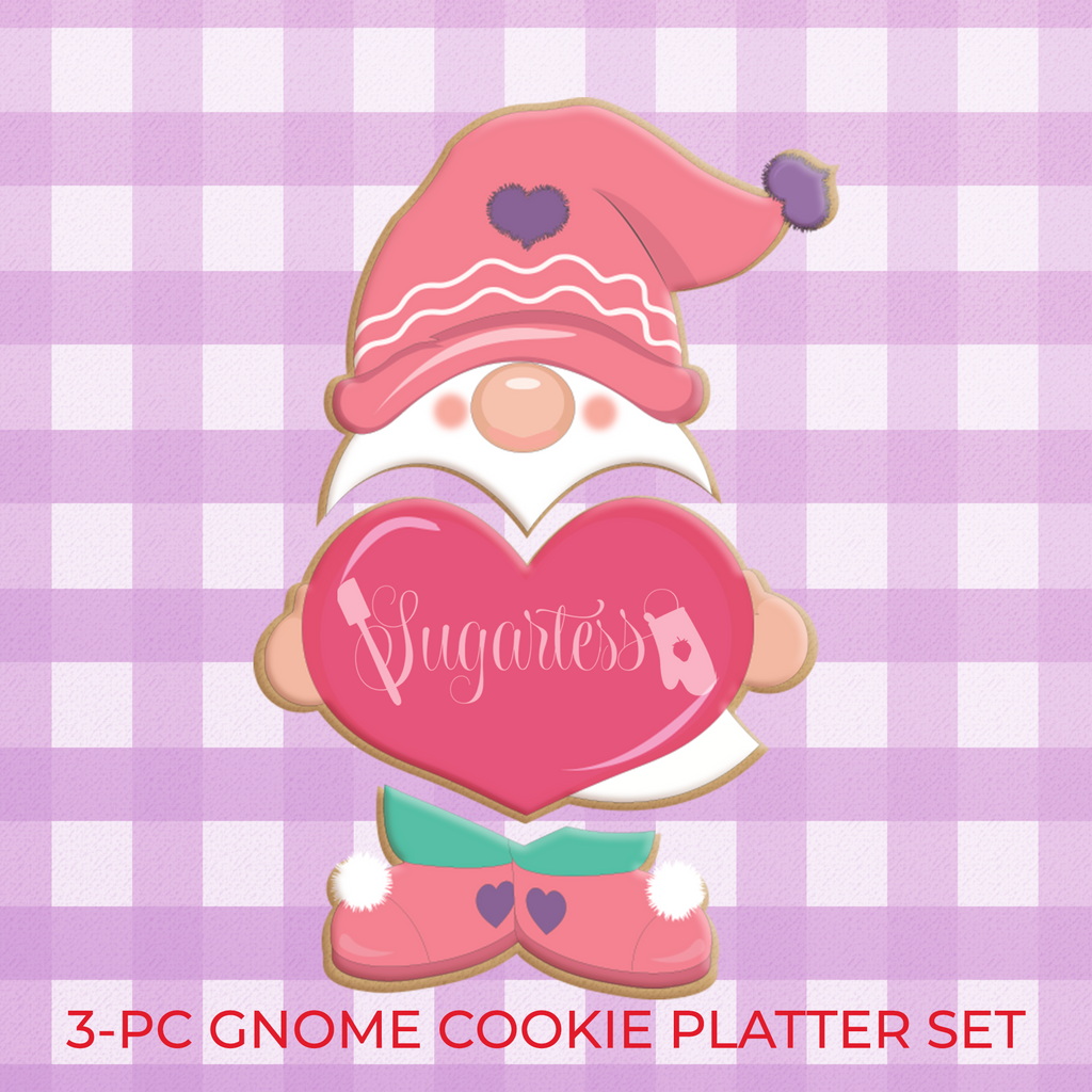 Sugartess custom valentine's day cookie cutter set of 3 or 4 parts for a cookie platter. Design of a love gnome holding a big heart.