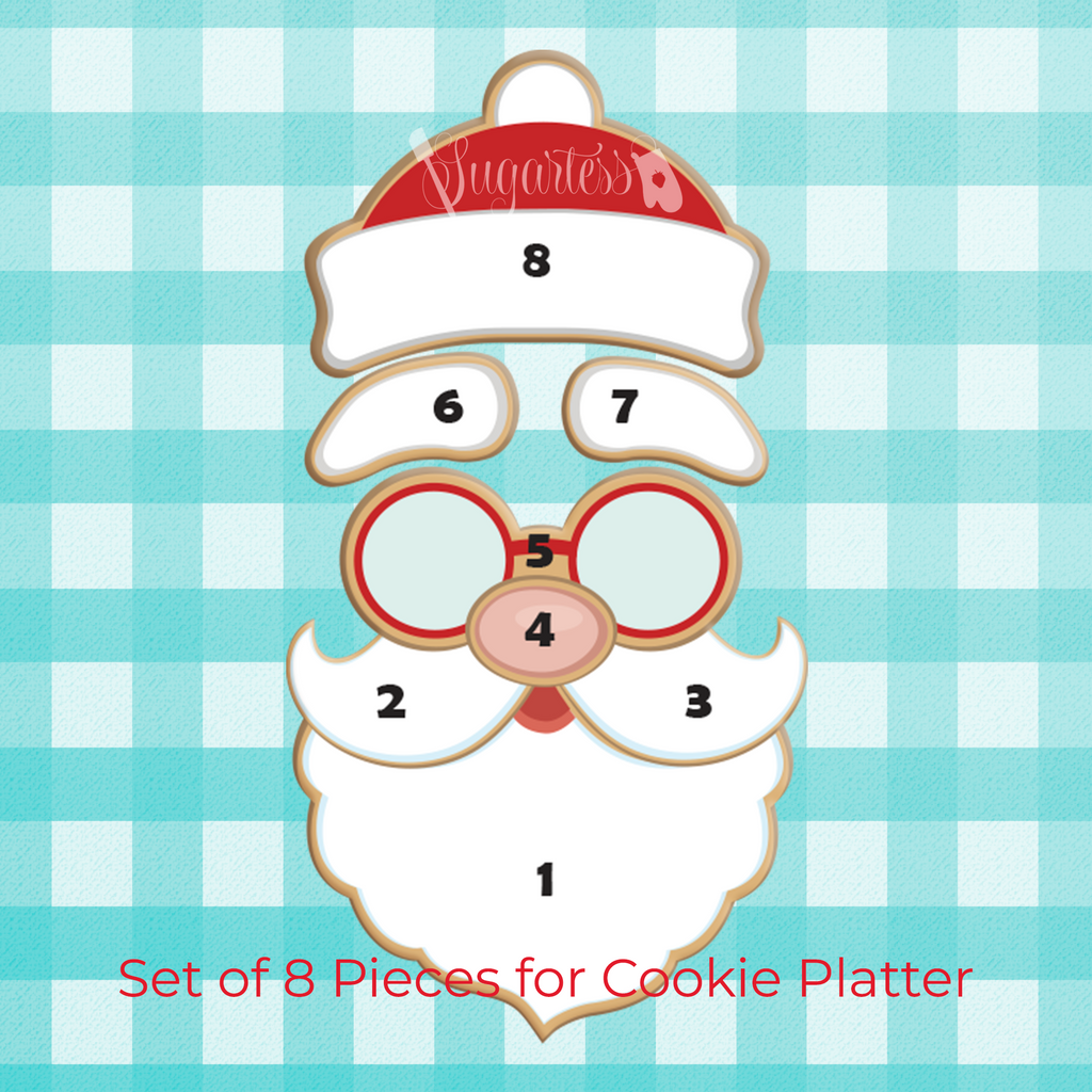 Sugartess custom holiday cookie cutters in shape of Santa Claus individual face parts to make a platter of 8 cookies. Set includes Santa's beard, 2 mustache sides, nose, glasses, 2 eyebrows and the winter hat.