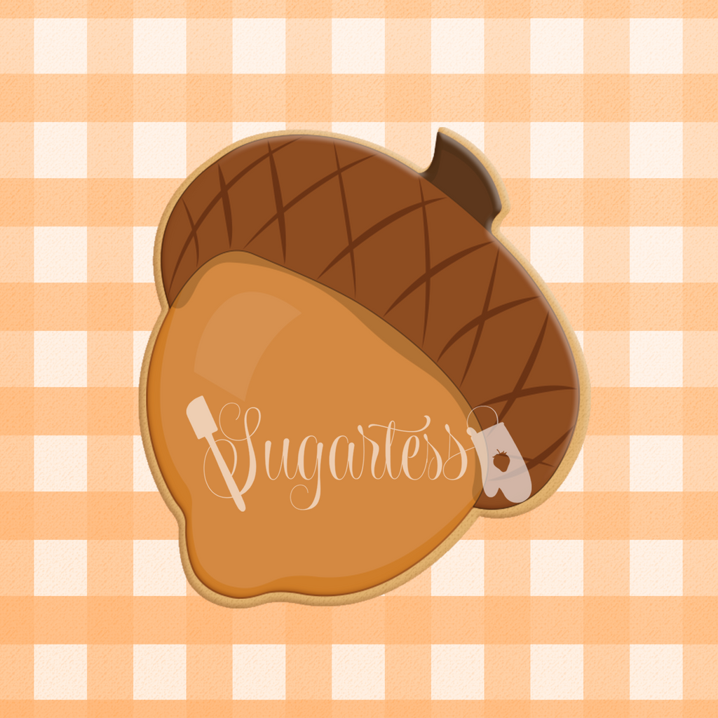 Sugartess custom cookie cutter in shape of an acorn.