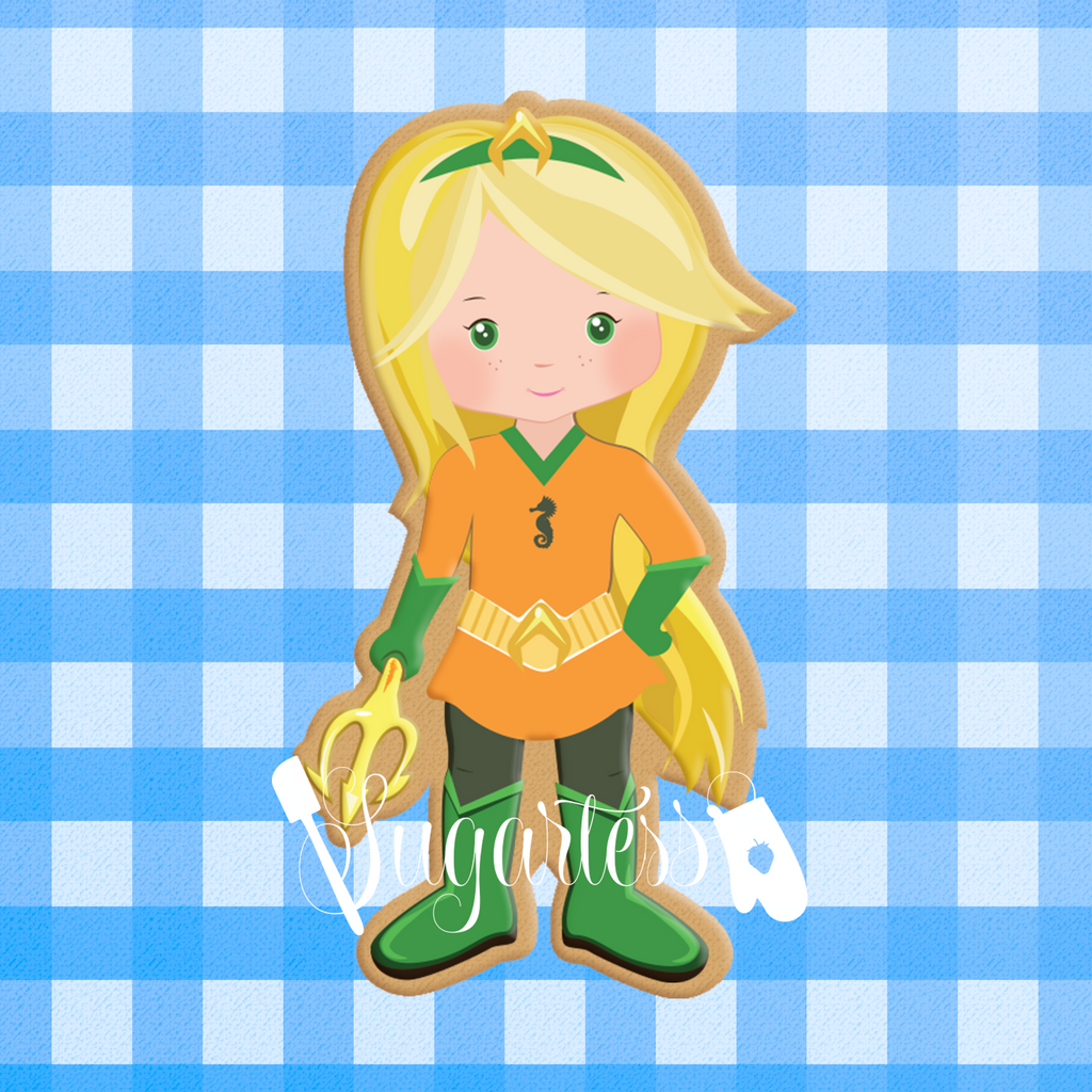 Sugartess custom cookie cutter in shape of Acqua Girl super hero. 3D printed from biodegradable  PLA plastic in diferent sizes ranging from 2 to 6 inches.