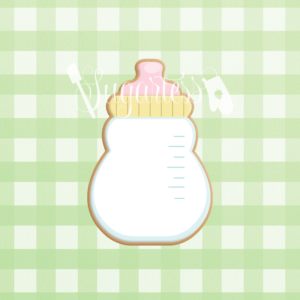 Sugartess custom cookie cutter in shape of a curvy baby bottle.