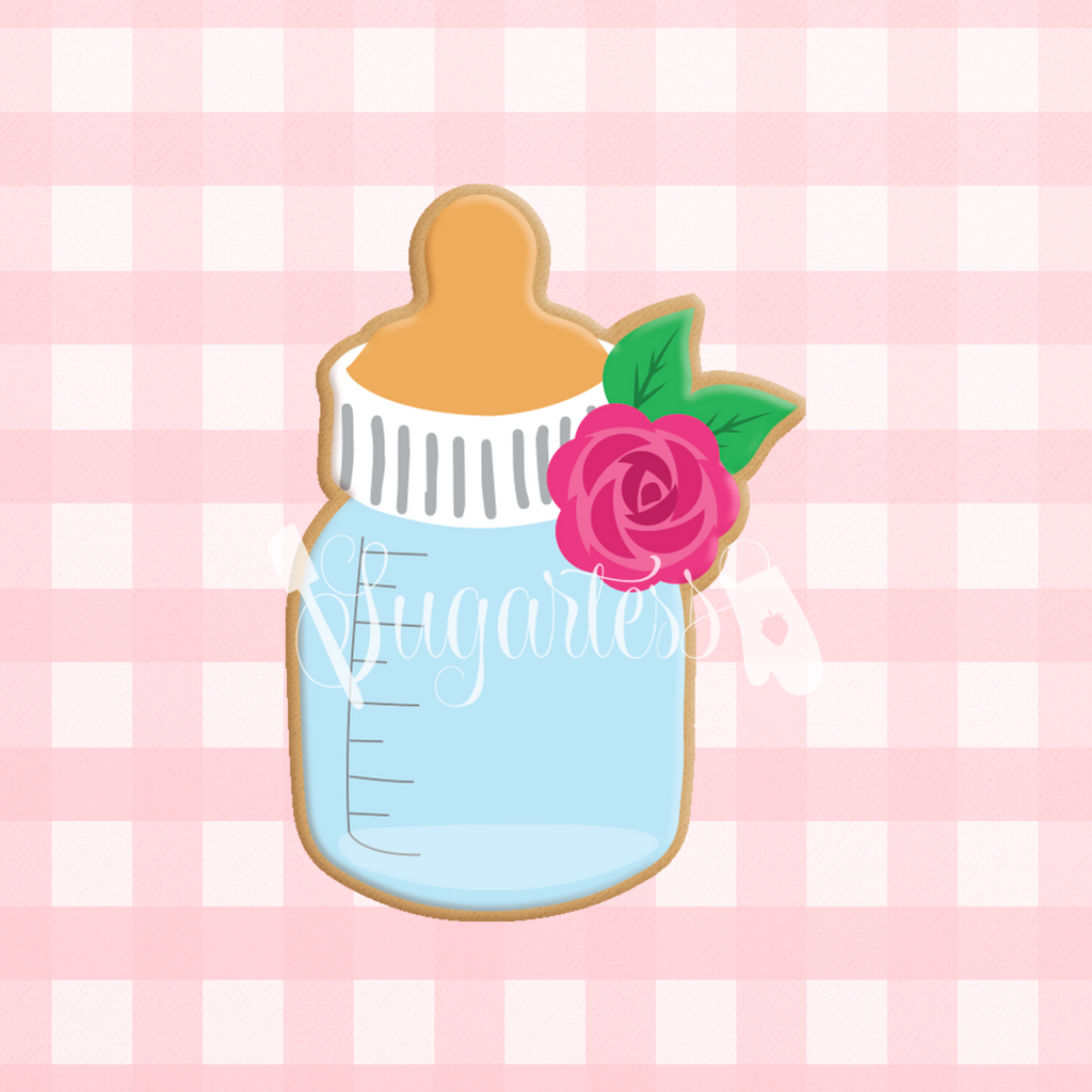 Sugartess custom cookie cutter in shape of floral baby bottle with rosette.