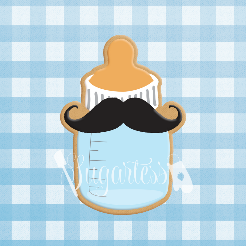 Sugartess custom cookie cutter in shape of little man chubby baby bottle with mustache.