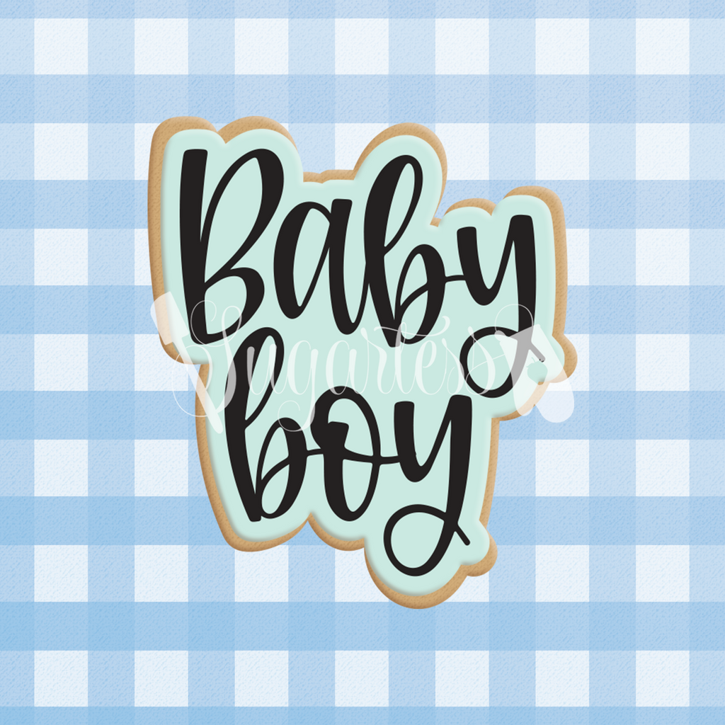 Sugartess cookie cutter in shape of baby boy cursive word plaque.