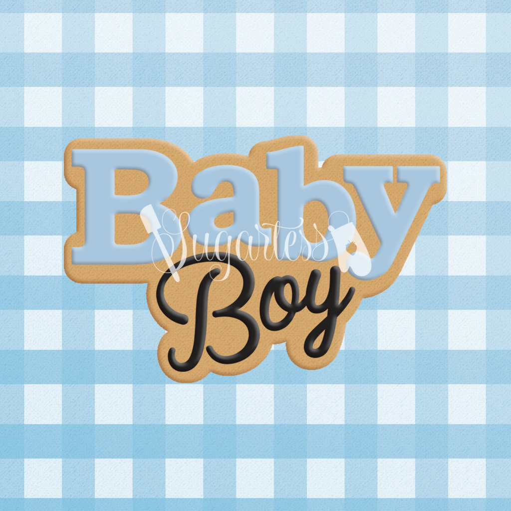 Sugartess custom cookie cutter in shape of baby boy word plaque.