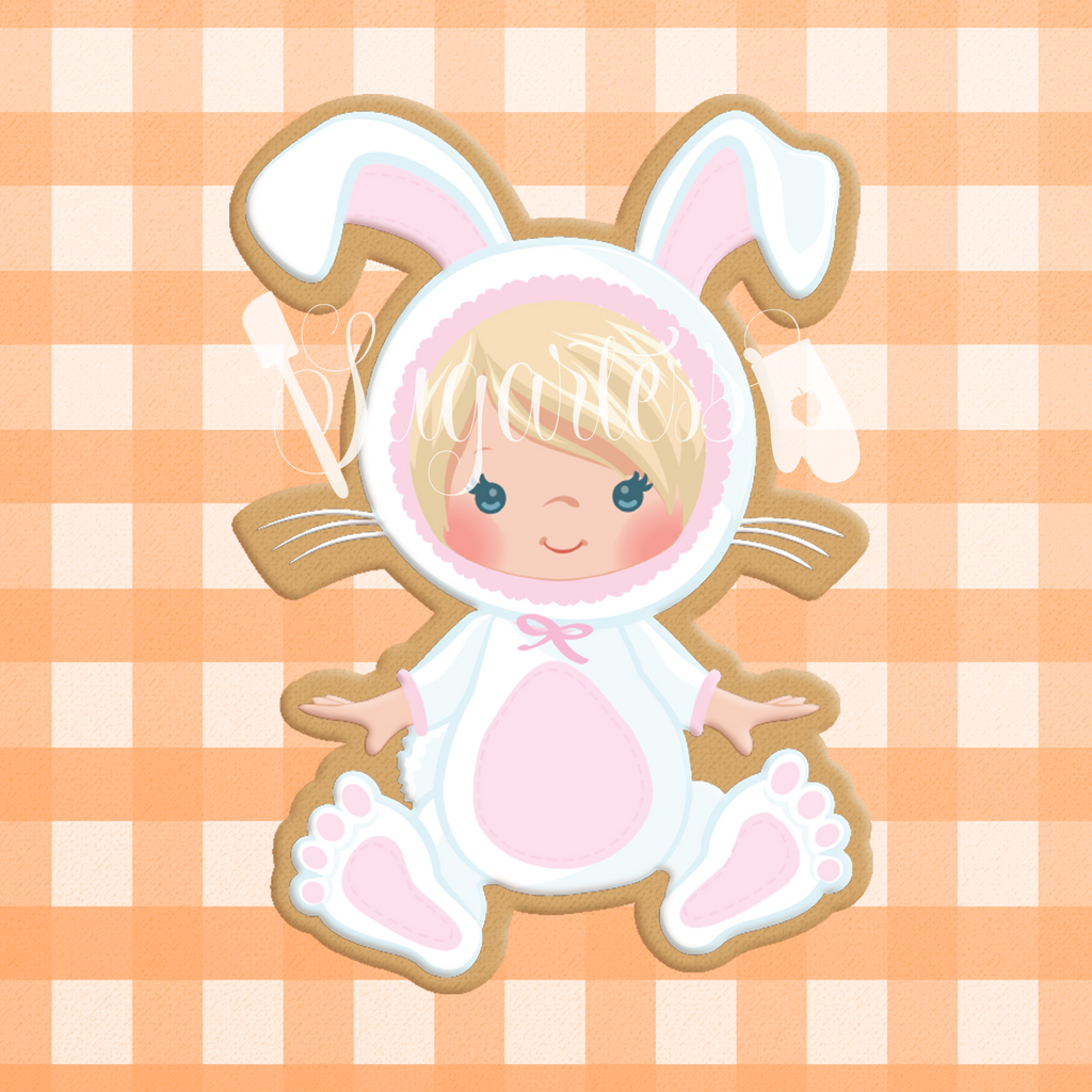 Sugartess cookie cutter in shape of   Baby in Bunny Costume or PJs. 3D printed from biodegradable  PLA plastic in different sizes ranging from 2 to 6 inches.