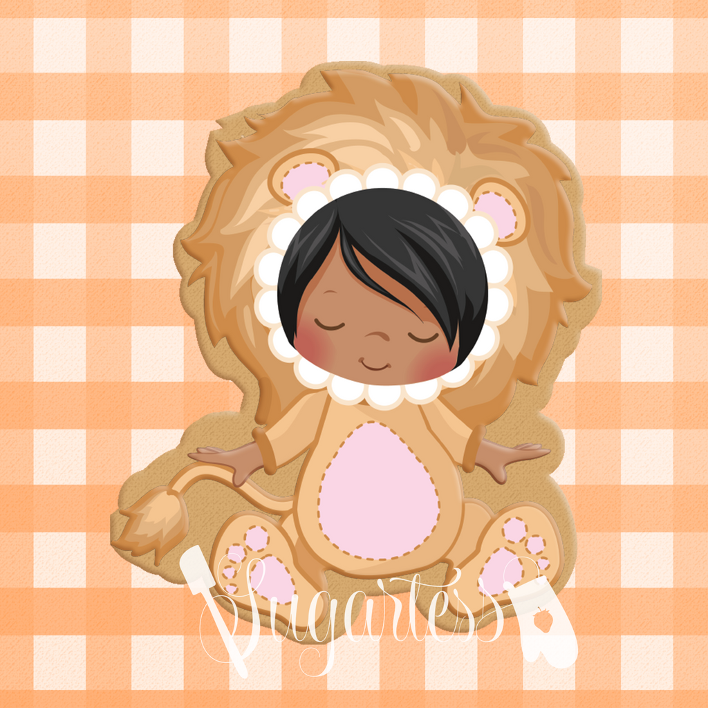 Sugartess cookie cutter in shape of   Baby in Lion Costume or PJs. 3D printed from biodegradable  PLA plastic in different sizes ranging from 2 to 6 inches.