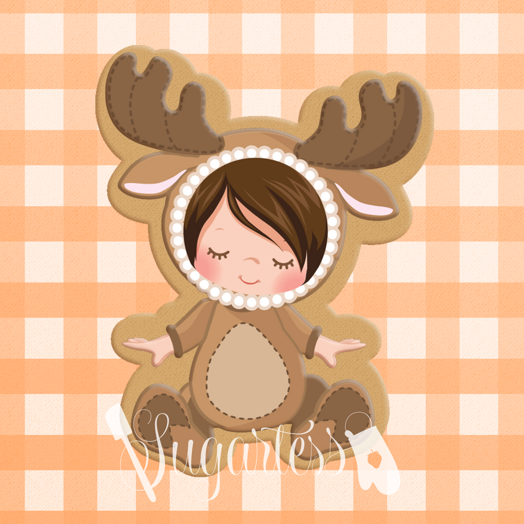 Sugartess cookie cutter in shape of   Baby in Moose Costume or PJs. 3D printed from biodegradable  PLA plastic in different sizes ranging from 2 to 6 inches.