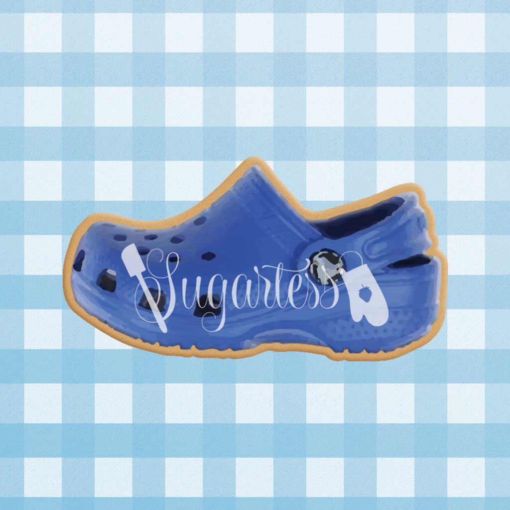 Sugartess custom cookie cutter in shape of side view of toddler Croc shoe.