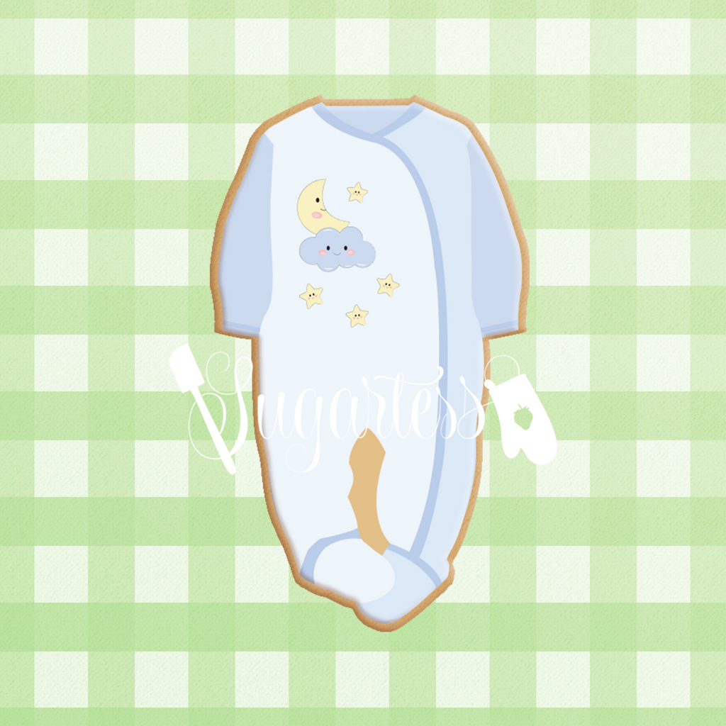 Sugartes custom cookie cutter in shape of a baby footed onesie pajamas.