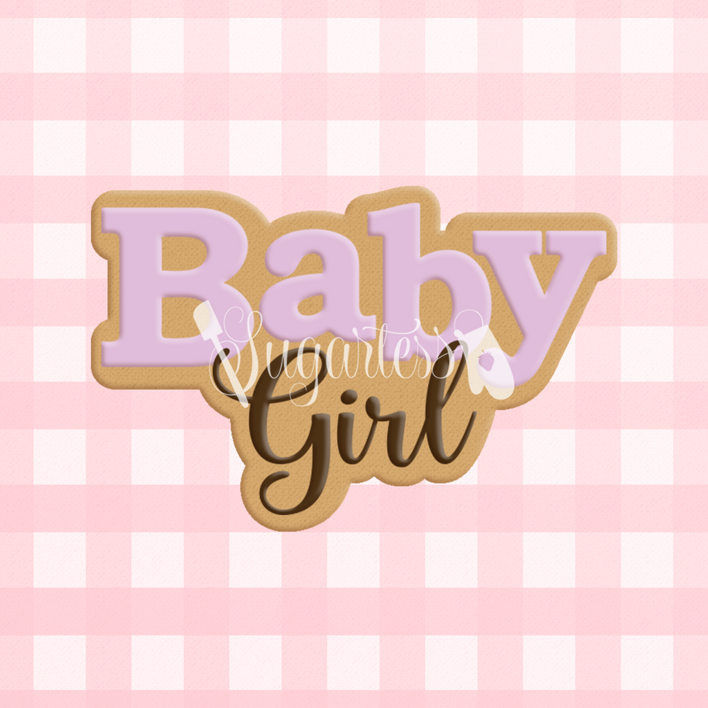 Sugartess custom cookie cutter in shape of baby girl name plaque.
