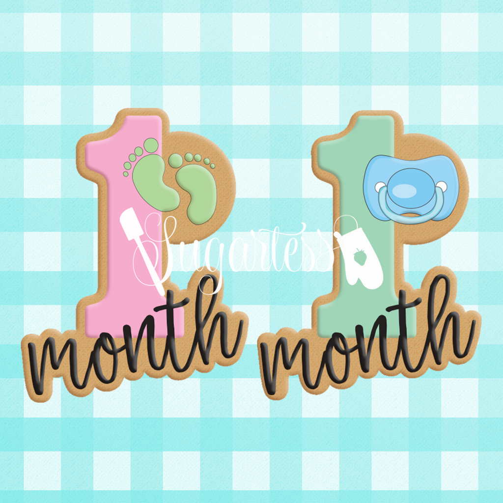Sugartess custom cookie cutter in shape of baby 1st month anniversary lettered number. 