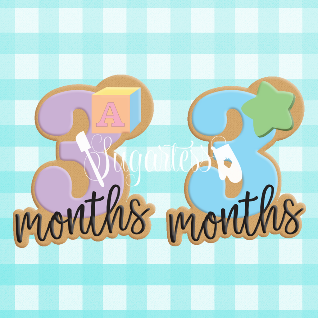 Sugartess custom cookie cutter in shape of baby third month anniversary lettered number. 3D printed from biodegradable  PLA plastic in diferent sizes ranging from 2 to 8 inches.