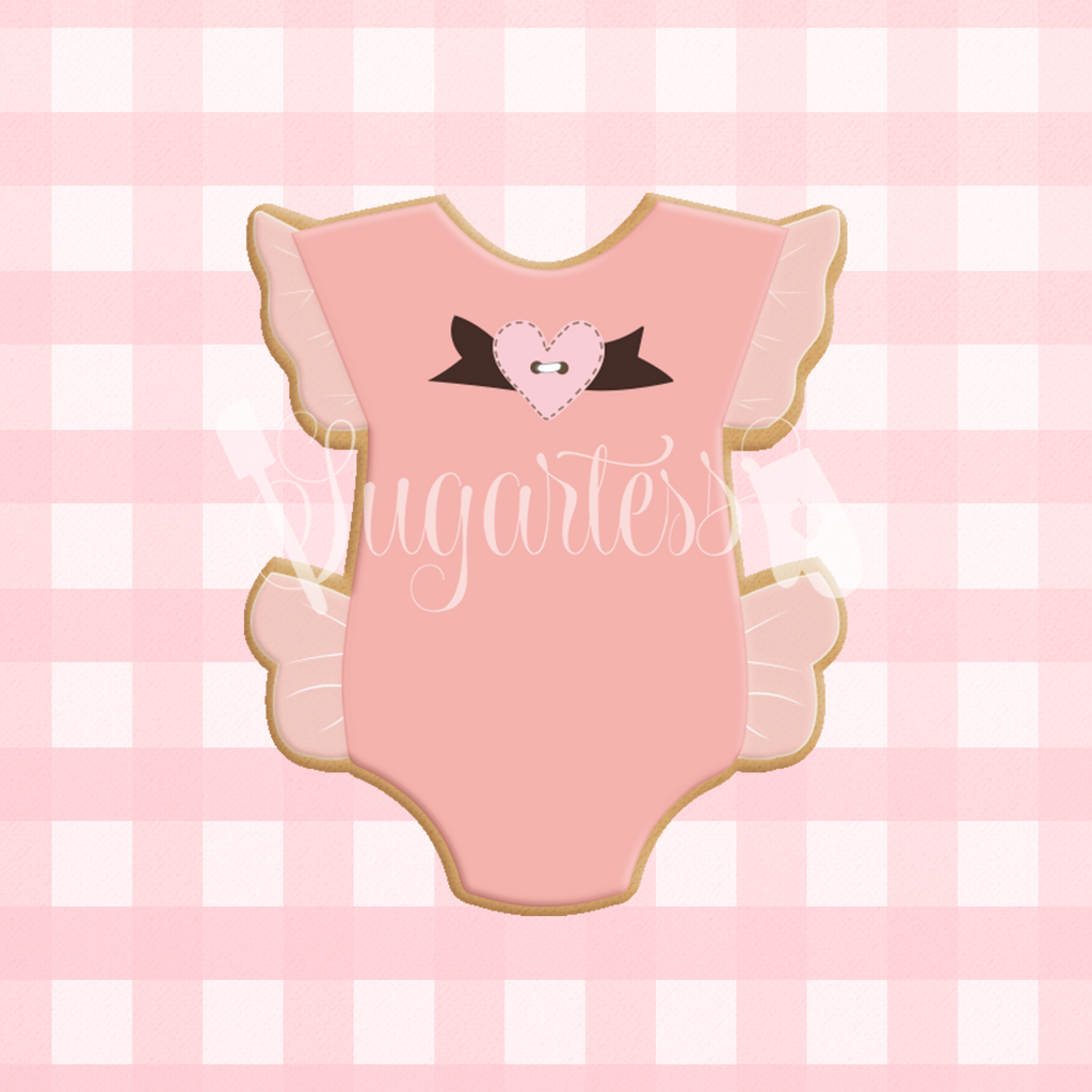Sugartess custom cookie cutter in shape of baby girl onesie with ruffles.