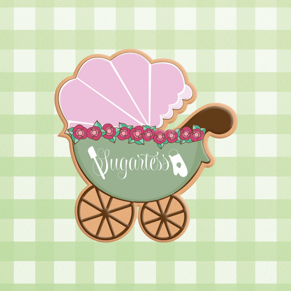 Sugartess custom cookie cutter in shape of baby carriage.