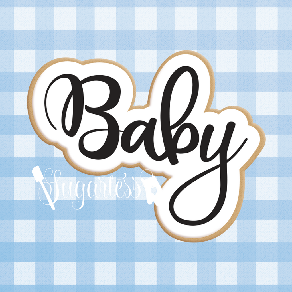 Sugartess custom cookie cutter in shape of Capital Letter "B" Cursive Baby Word Plaque.