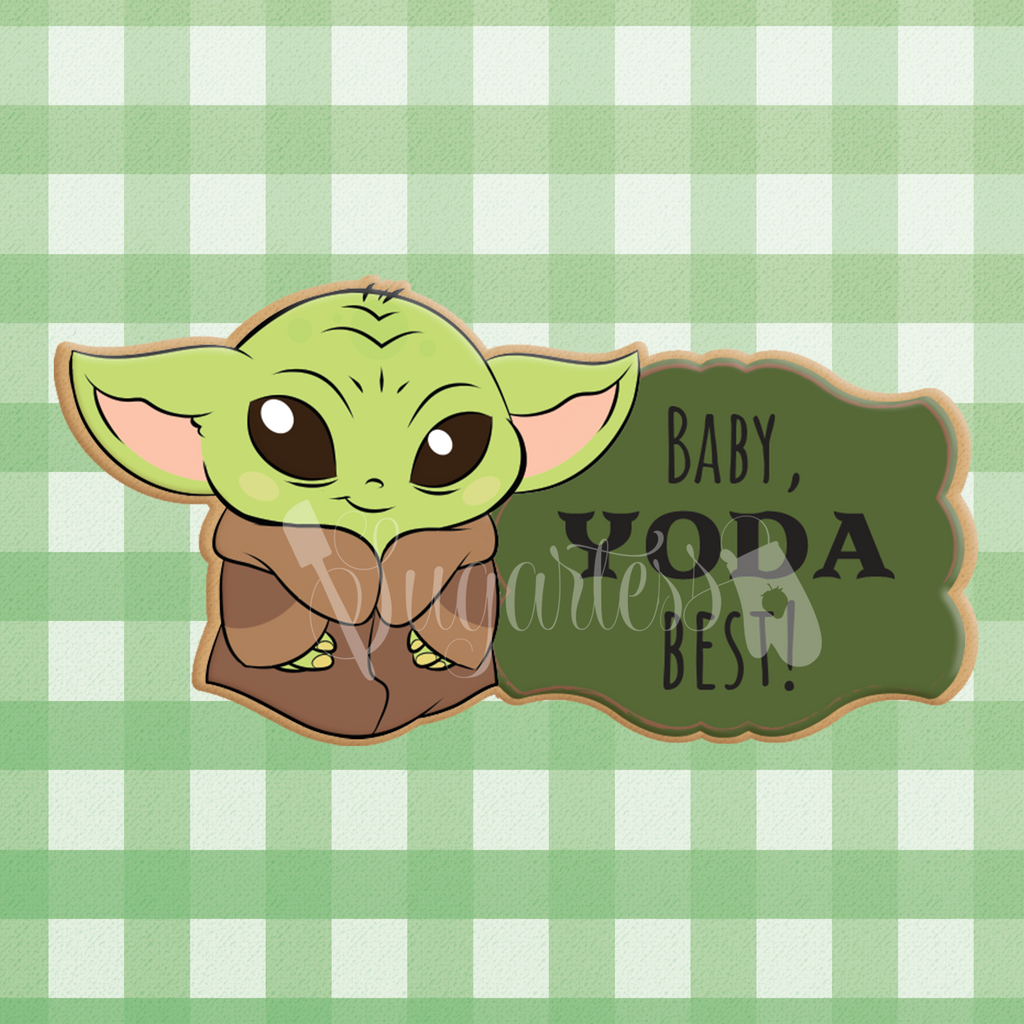 Sugartess custom cookie cutter in shape of Baby Yoda ornate name plaque.