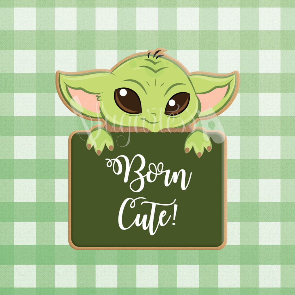 Sugartess custom cookie cutter in shape of Baby Yoda name plaque.
