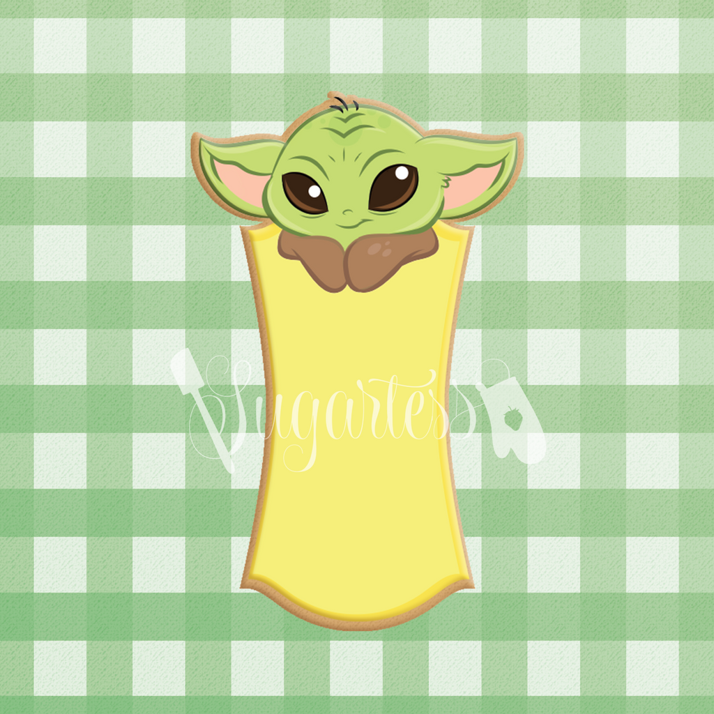 Sugartess custom cookie cutter in shape of Baby Yoda tall plaque.