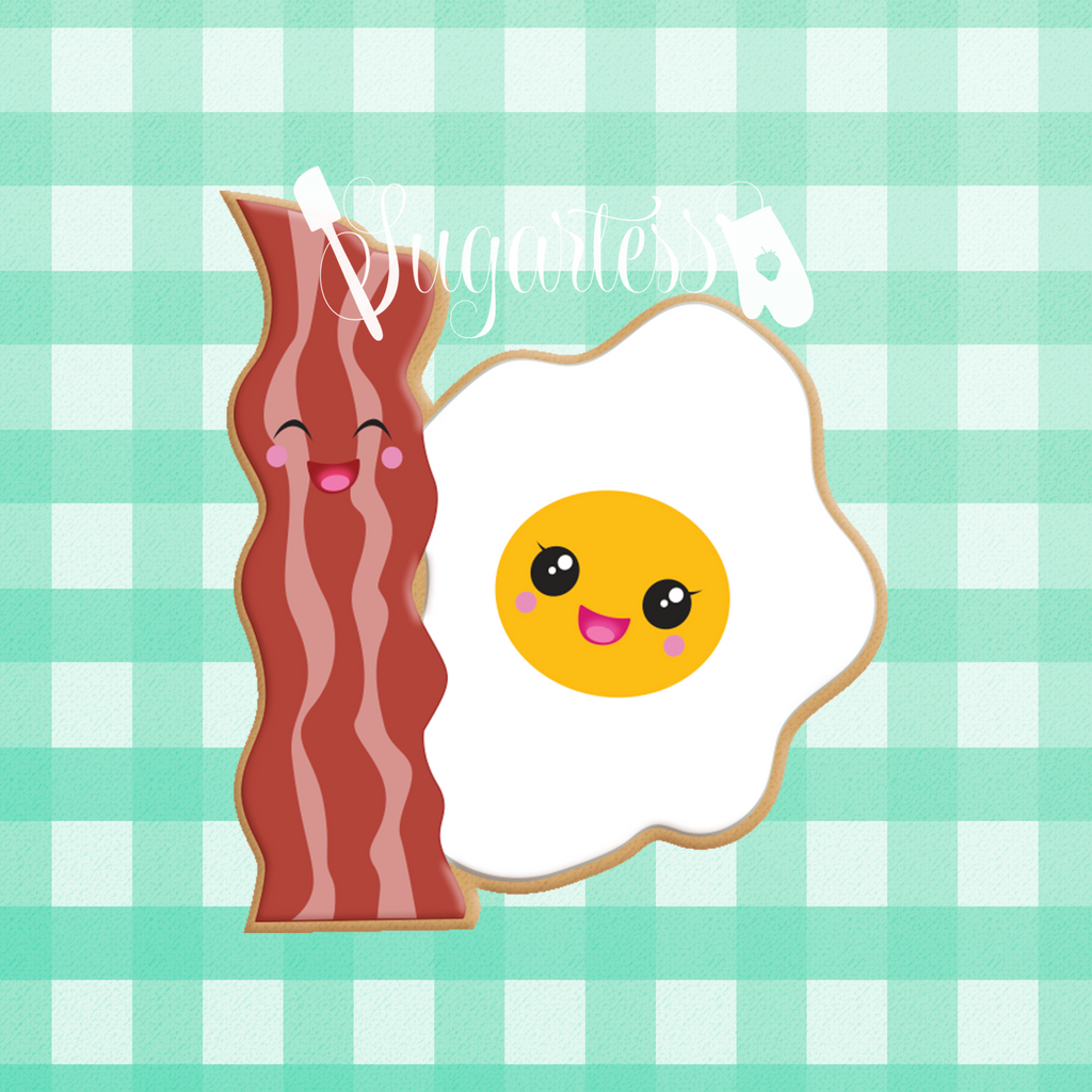 Sugartess custom cookie cutter in shape of kawaii bacon and sunny-side-up egg perfect pair.