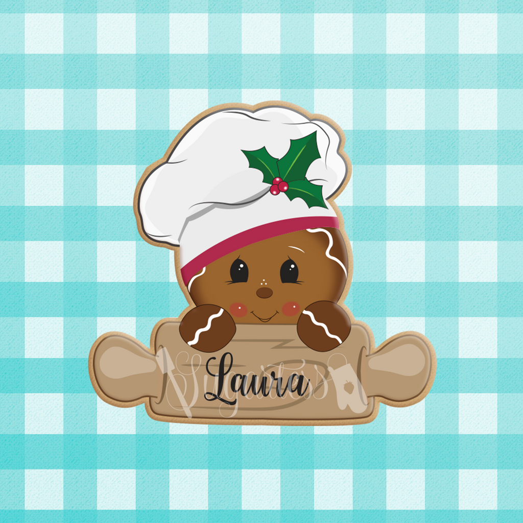 Sugartess custom holiday cookie cutter in shape of Baking Rolling Pin with Head of Gingerbread Man Wearing a Baker's Hat.