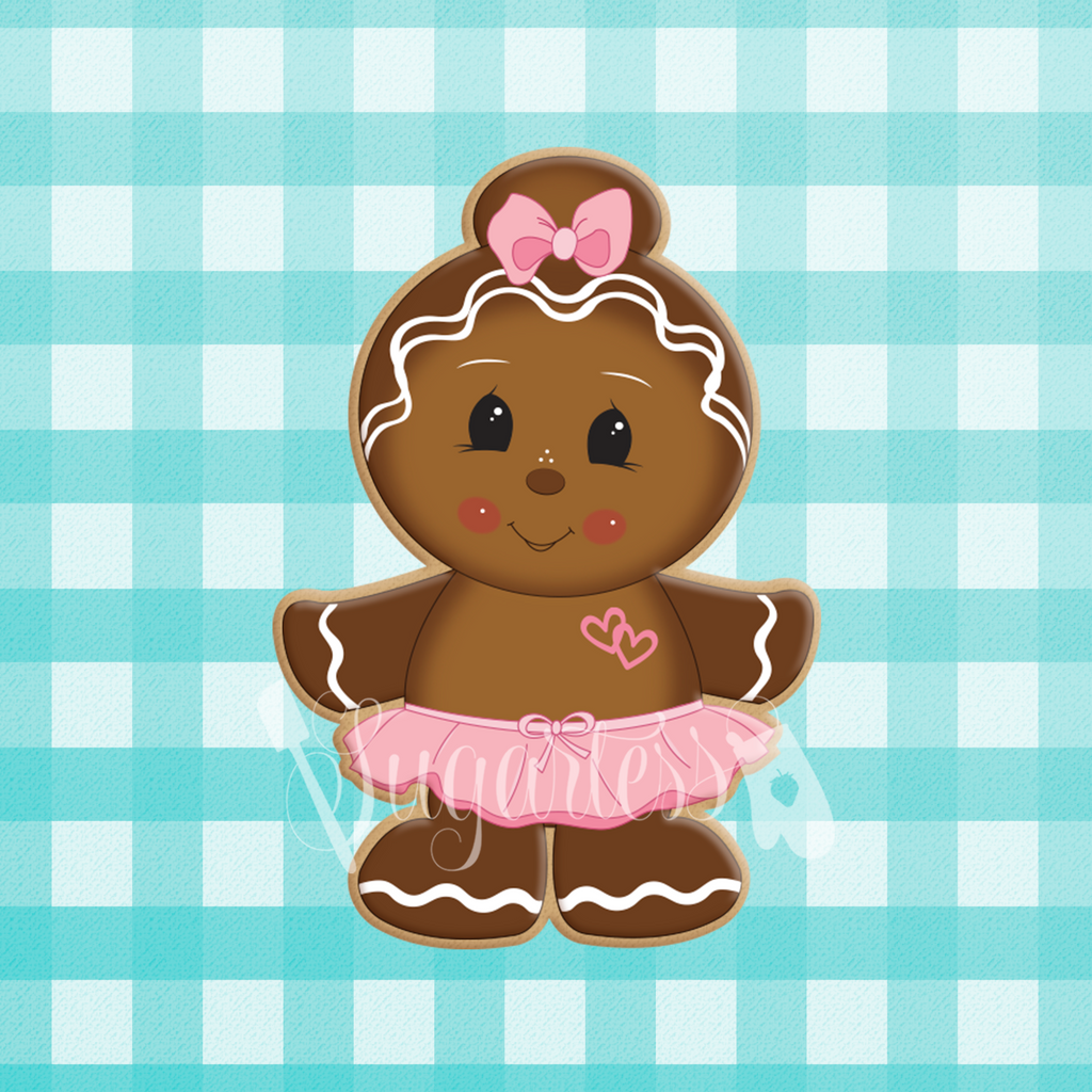 Sugartess holiday custom cookie cutter in shape of a standing ballerina gingerbread girl with hair bun and tutu skirt.