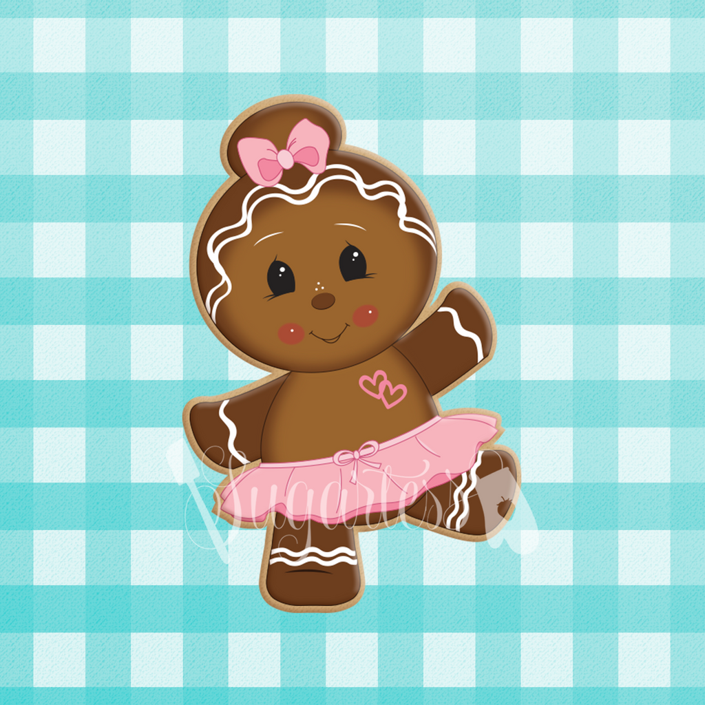 Sugartess holiday custom cookie cutter in shape of a dancing ballerina gingerbread girl with hair bun and tutu skirt.