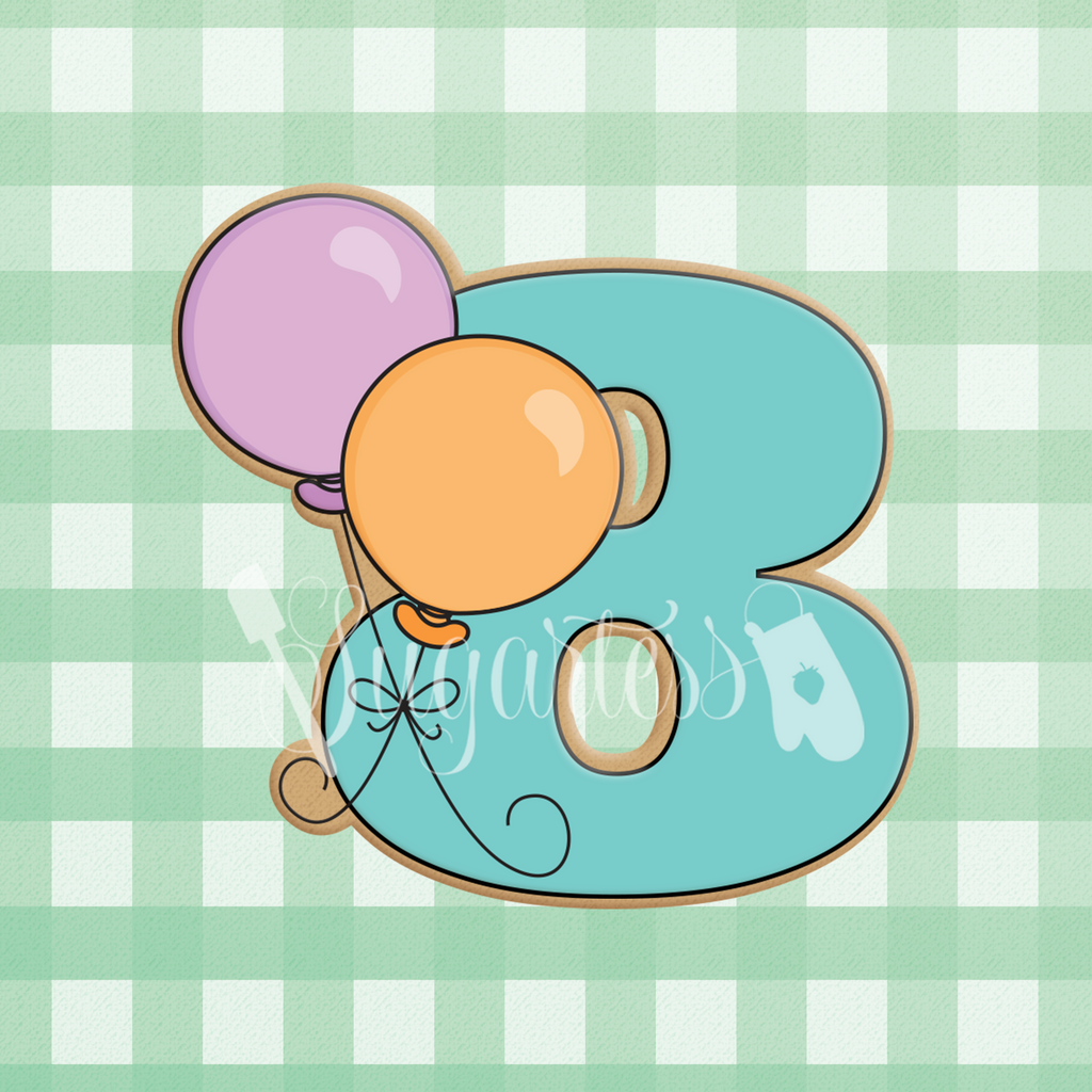 Sugartess cookie cutter in shape of a birthday number eight with two balloons.