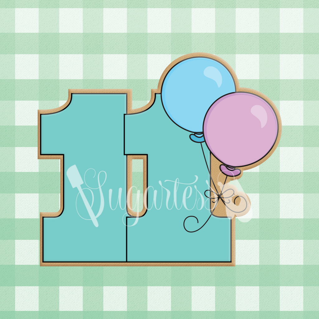 Sugartess cookie cutter in shape of a birthday number eleven with two balloons.