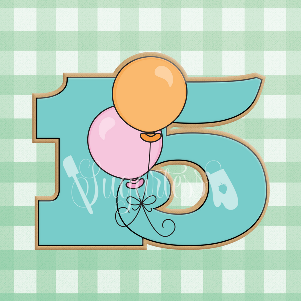 Sugartess cookie cutter in shape of a birthday number fifteen with two balloons.