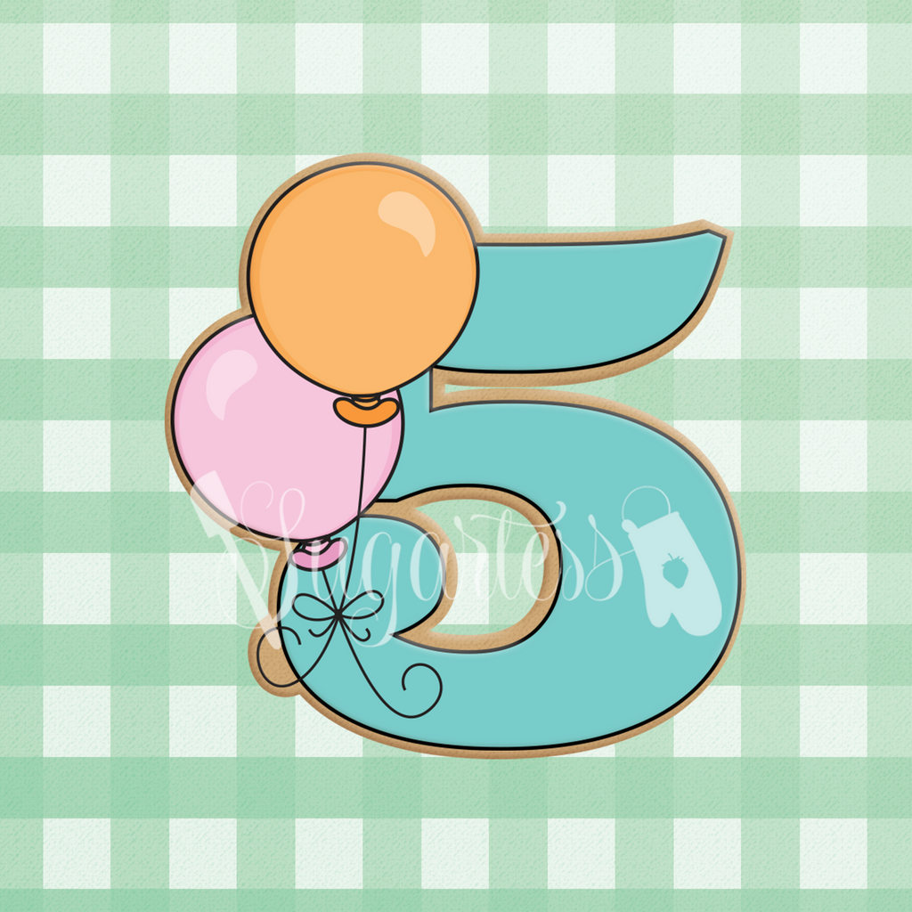 Sugartess cookie cutter in shape of a birthday number five with two balloons.